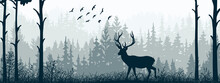 Horizontal Banner. Silhouette Of Deer Standing On Meadow In Forrest. Silhouette Of Animal, Trees, Grass. Magical Misty Landscape, Fog. Blue And Gray Illustration. Bookmark.