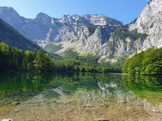 mountain lake in the middle of austrian alps , hinterer langbathsee