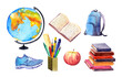 Set with school items - globe, books, schoolbag, apple, pen, pencils. Watercolor collection for education design