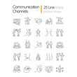 Communication channel linear icons set. Body language. Language barriers. Eye contact. Message receiver. Customizable thin line contour symbols. Isolated vector outline illustrations. Editable stroke