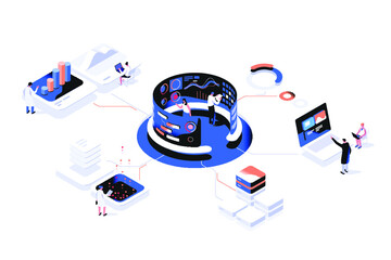 Scientists interacting with dashboards and analyzing information. Data visualization concept. 3d isometric vector illustration.