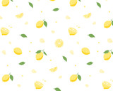 Fototapeta  - レモンのシームレスパターン　背景　模様　フルーツ　果物　イラスト　かわいい　壁紙　シトラス