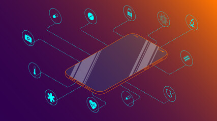 Isometric concept of online medicine. Consultation and treatment using the app on your phone. A set of icons on the topic of medical instruments and drugs. Vector illustration.