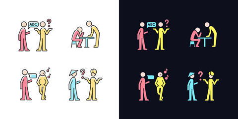 Communicating information effectively light and dark theme RGB color icons set. Language, cultural barriers. Isolated vector illustrations on white and black space. Simple filled line drawings pack