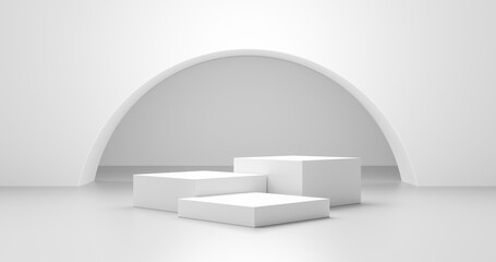 Poster - White product background and empty blank space abstract design template display on modern platform stage interior light backdrop podium scene with advertising stand showcase studio room. 3D rendering.