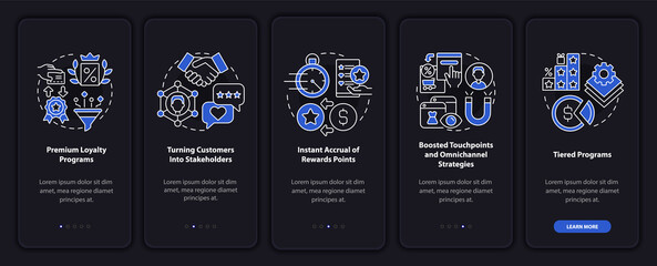 Loyalty program dark onboarding mobile app page screen. Reward program walkthrough 5 steps graphic instructions with concepts. UI, UX, GUI vector template with linear night mode illustrations