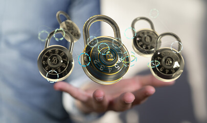 Fototapete - Businessman using digital padlock with data protection 3D rendering