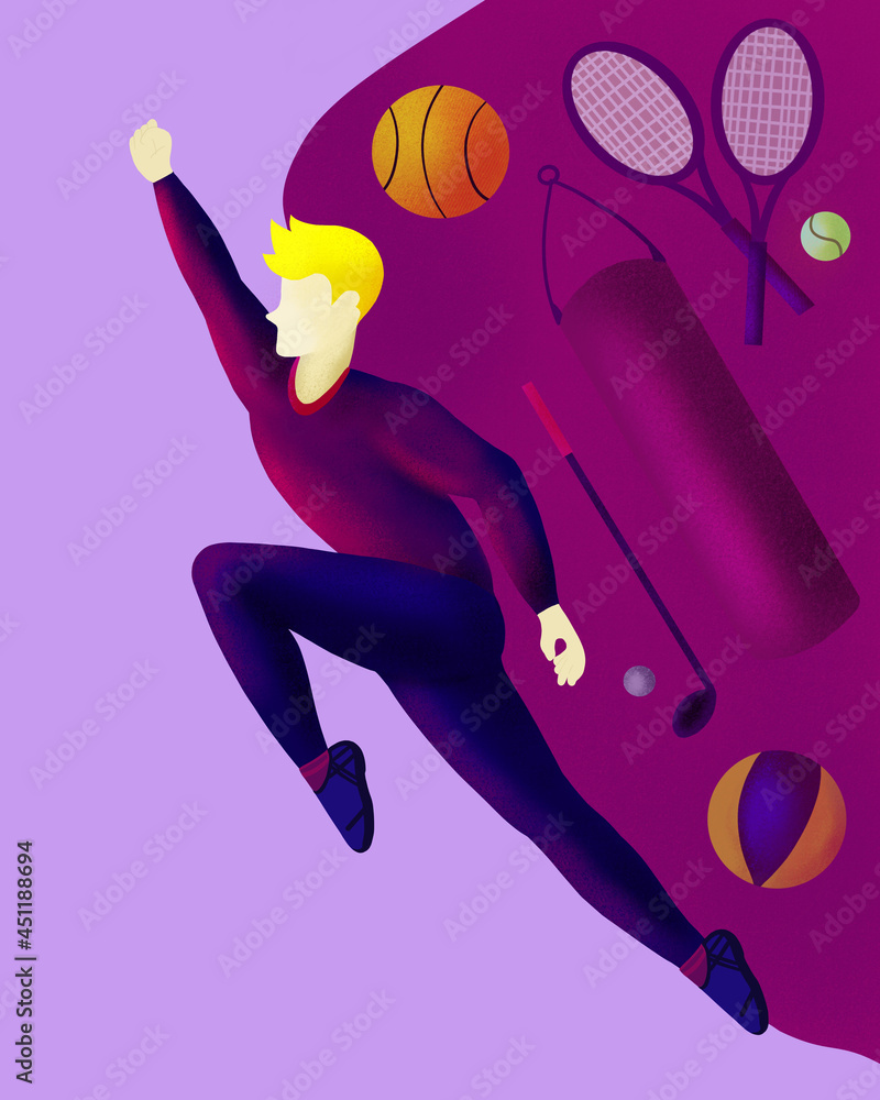 Young guy as a symbol of victory in sports. Sports life, tennis, volleyball, basketball, golf, boxing. Healthy lifestyle symbol. National Sports Day is a public holiday celebrated, banner, poster.