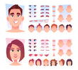 © ONYXprj - Male face constructor. Man face parts avatar creation kit lips nose eyes head various emotions exact vector illustrations in cartoon style