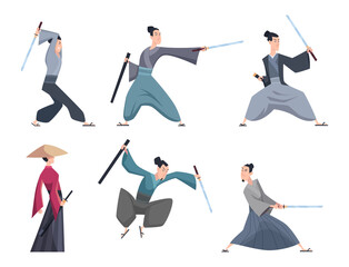 Poster - Samurai. Male asian warriors with sword various action poses exact vector cartoon characters isolated