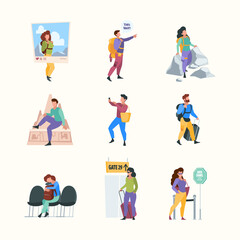 Sticker - Happy travellers. Active happy outdoor persons friends going to vacation trip travel concept garish vector flat pictures