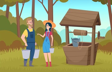 Sticker - Woman man in forest. People near well with buckets, came for water. Happy farmers in village on nature vector illustration