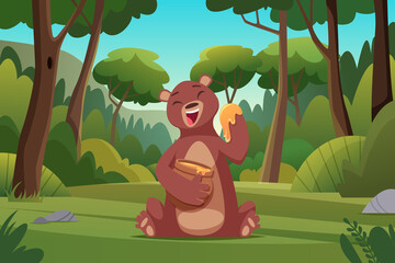 Forest background. Bear walking in forest wild brown animal in cartoon style exact vector picture