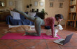 © Wavebreak Media - Smiling caucasian woman in living room with her pet dogs, practicing yoga, using laptop