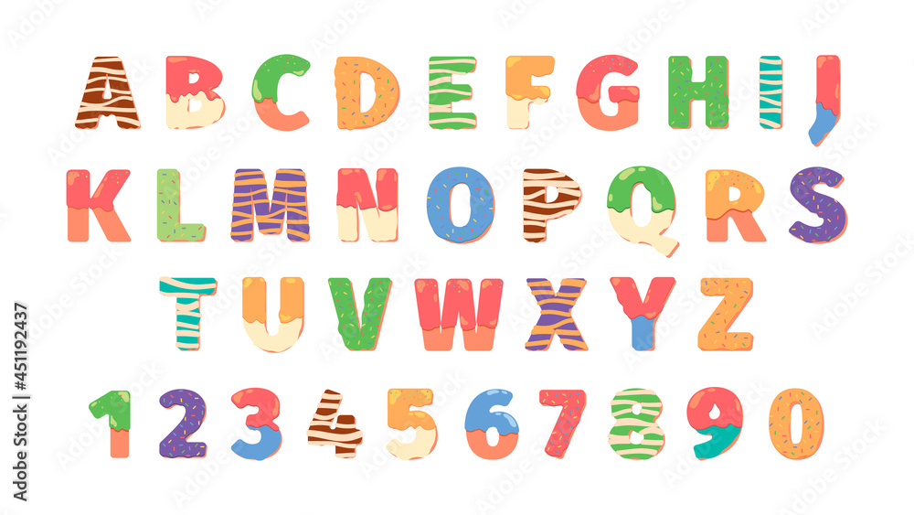 Garish Letters Donuts alphabet letters. Food symbols text funny icons numbers and ...