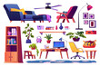 © Sensvector - Office and workplace at home, interior design elements and pieces for space. Sofa and shelves, armchair and lamp, table and personal computer, plants and decoration set. Vector in flat style