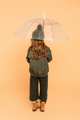 Wall Mural - back view of trendy girl standing under transparent umbrella on beige