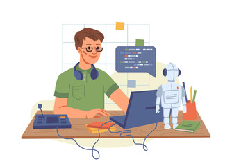 Portrait of male IT developer typing on keyboard programming code on computer screen and laptop isolated young programmer student. Vector college boy in glasses modeling robot, informatics lesson