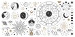 Mystical astrology, boho celestial and magic occult elements. Sacred mystic moon, sun, star, zodiac symbols and constellation vector set. Mystical and esoteric elements for astrology