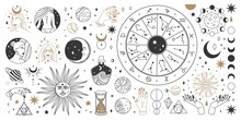 Mystical Astrology, Boho Celestial And Magic Occult Elements. Sacred Mystic Moon, Sun, Star, Zodiac Symbols And Constellation Vector Set. Mystical And Esoteric Elements For Astrology