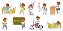 Cartoon little boy daily routine morning and evening activities. Happy child waking up, exercising, studying. Kids everyday lifestyle vector set. Male character riding bicycle, learning at school