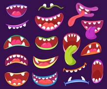 Cartoon Halloween Scary Monster Mouths With Teeth And Tongue. Funny Monsters Characters Expressions, Creatures Open Mouth With Fangs Vector Set. Colorful Crazy Aliens Lips Showing Tongue