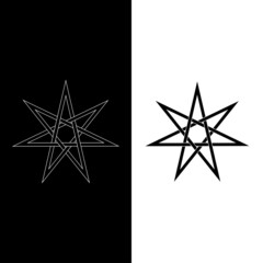 Wall Mural - Icon symbol Elven star. Magician seven-pointed star as a protective amulet. Isolated icon in black with white outline. Esoteric, sacred geometry. Vector illustration on white and black background