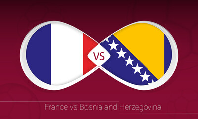 France vs Bosnia and Herzegovina in Football Competition, Group D. Versus icon on Football background.