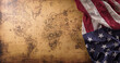 Happy Columbus Day concept. Vintage American flag with retro treasure manuscript.  Flat lay, top view with copy space.