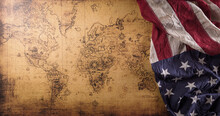 Happy Columbus Day Concept. Vintage American Flag With Retro Treasure Manuscript.  Flat Lay, Top View With Copy Space.