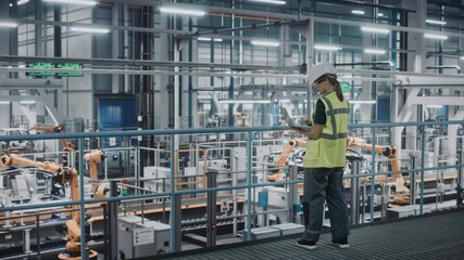 Fototapete - Female Car Factory Engineer in High Visibility Vest Using Laptop Computer. Automotive Industrial Manufacturing Facility Working on Vehicle Production with Robotic Arms. Automated Assembly Plant.