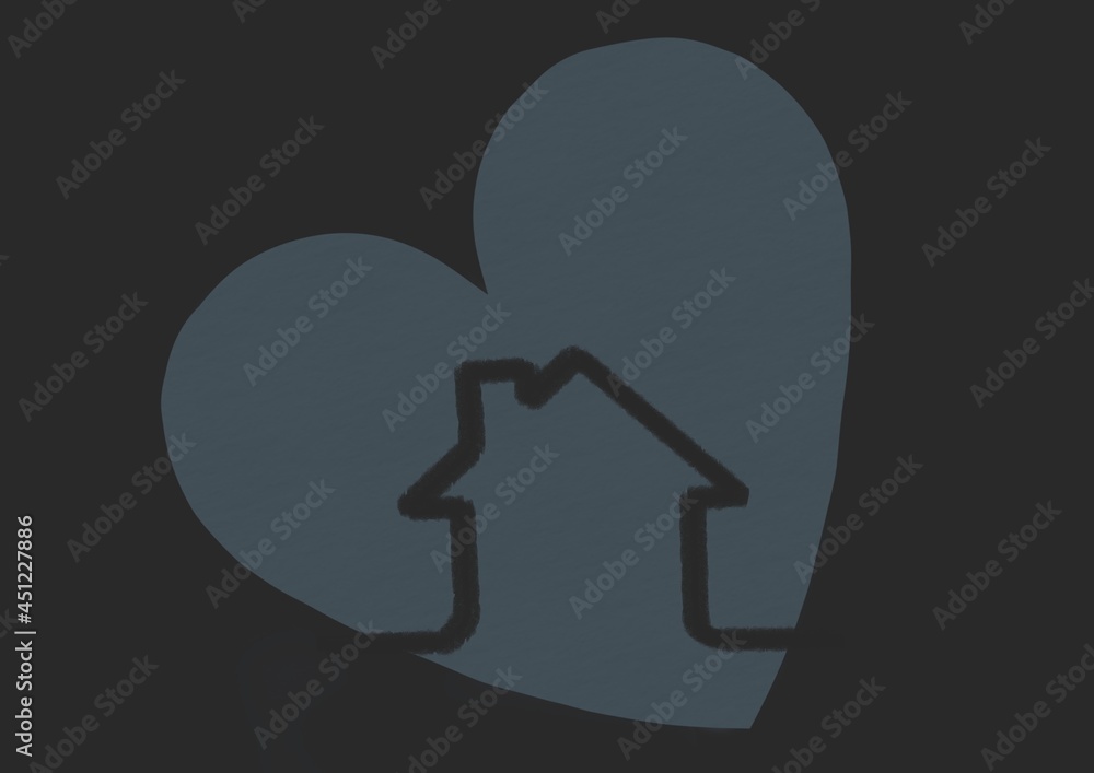 Composition of black house and heart icon on black background Stock ...