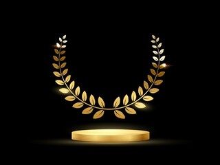 Wall Mural - Golden podium for first place with laurel wreath. Gold rank on stage on black background. Championship in sport or movie victory in competition vector illustration