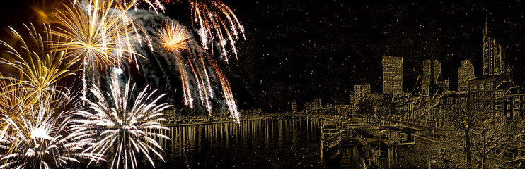 Wall Mural - fireworks with golden skyline of frankfurt am main on black background