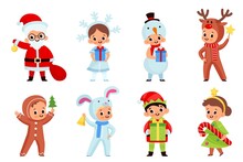 Kids Hold Christmas Gifts. Smiling Boys And Girls In New Year Holiday Costumes With Different Presents And Xmas Elements. Santa Claus, Deer And Elf, Vector Cartoon Flat Style Isolated Set