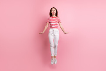 Sticker - Full body photo of young girl happy positive smile active have fun jump isolated over pink color background