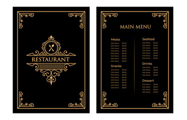 Luxury vintage restaurant food menu card template for packaging with logo for hotel cafe bar coffeeshop