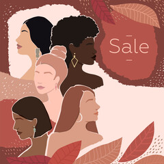 Wall Mural - girls of different races together on an abstract autumn background with leaves. modern vector flat illustration with inscription sale with free space for your design and text. isolated by layers.