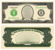 Blank obverse and reverse of the banknote in the style of vintage US paper money. Banking seals of the Federal Reserve System. Retro frames with guilloche and grid