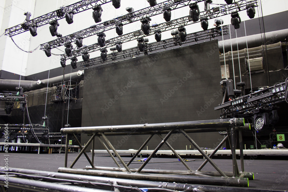 Black steel rigging truss for lifting. Installation of professional ...