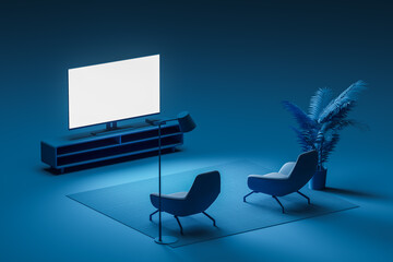 Two armchairs in front of the TV in the living room. The concept of advertising a service for watching movies and TV series at home. Mock up. 3d rendering