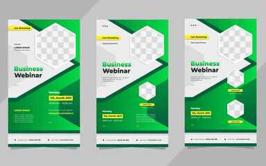 Set of business webinar social media stories post template with green gradient background and hexagon frame