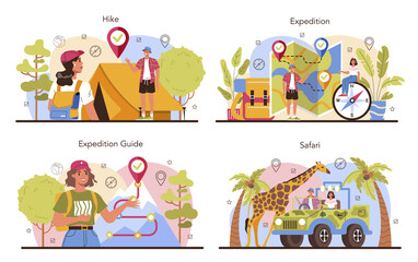 expedition guide set. tourists hiking, making tent and sitting at the campfire