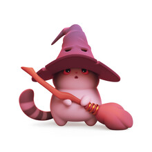 Surprised Kawaii Wizard Cat In Big Witch's Purple Hat With A Broom In Its Paws Stands On Its Hind Legs. Fat Black Cat With White Belly, Striped Tail, Orange Eyes. 3d Render Isolated On White Backdrop