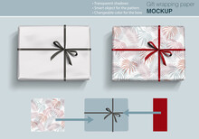 Vector Gift Paper Box Mock Up With Bow On Light Background With Transparent Shadows. Wrapping Paper  Template For Your Design