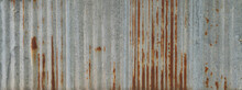 Metal Steel Strips. Rusty Corrugated Iron Metal, Zinc Steel Wall, Pattern Texture Background. Close-up Of Exterior Architecture Material For Design Decoration Background.