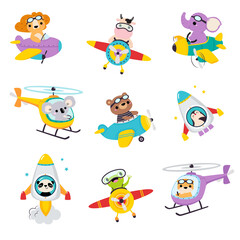 Wall Mural - Cute Animals Flying on Airplane and Helicopter Vector Set