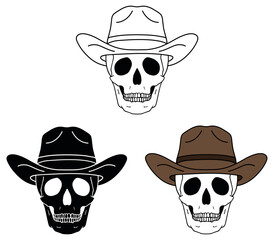 Wall Mural - Skull Wearing a Cowboy Hat Clipart Set - Outline, Silhouette and Color