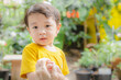 © TimmyTimTim - Portrait of happy smile asian toddler boy standing in the garden and his hand is holding by his parent.