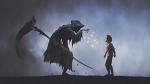 The Death As Know As Grim Reaper Seducing The Child With Glowing Butterflies, Digital Art Style, Illustration Painting